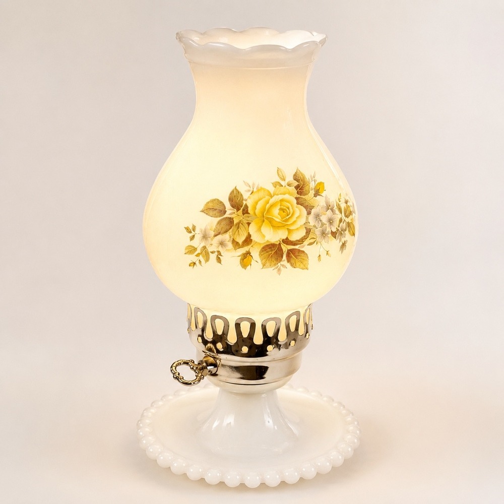 Vintage Electric Milk Glass Hurricane Lamp Yellow Floral Rose Hobnail Base